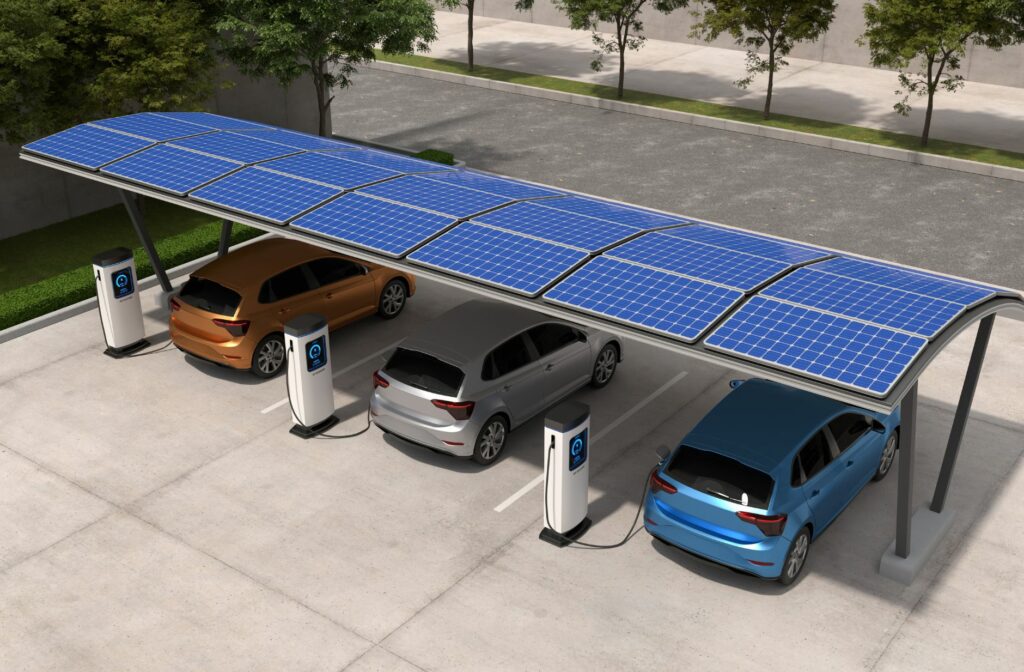 Carport waar je een elektrische auto kan opladen tijdens de hitte